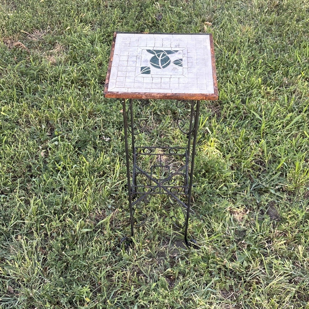 Wrought Iron Plant Stand Accent Table Tile Top Indoor Outdoor Patio Decor